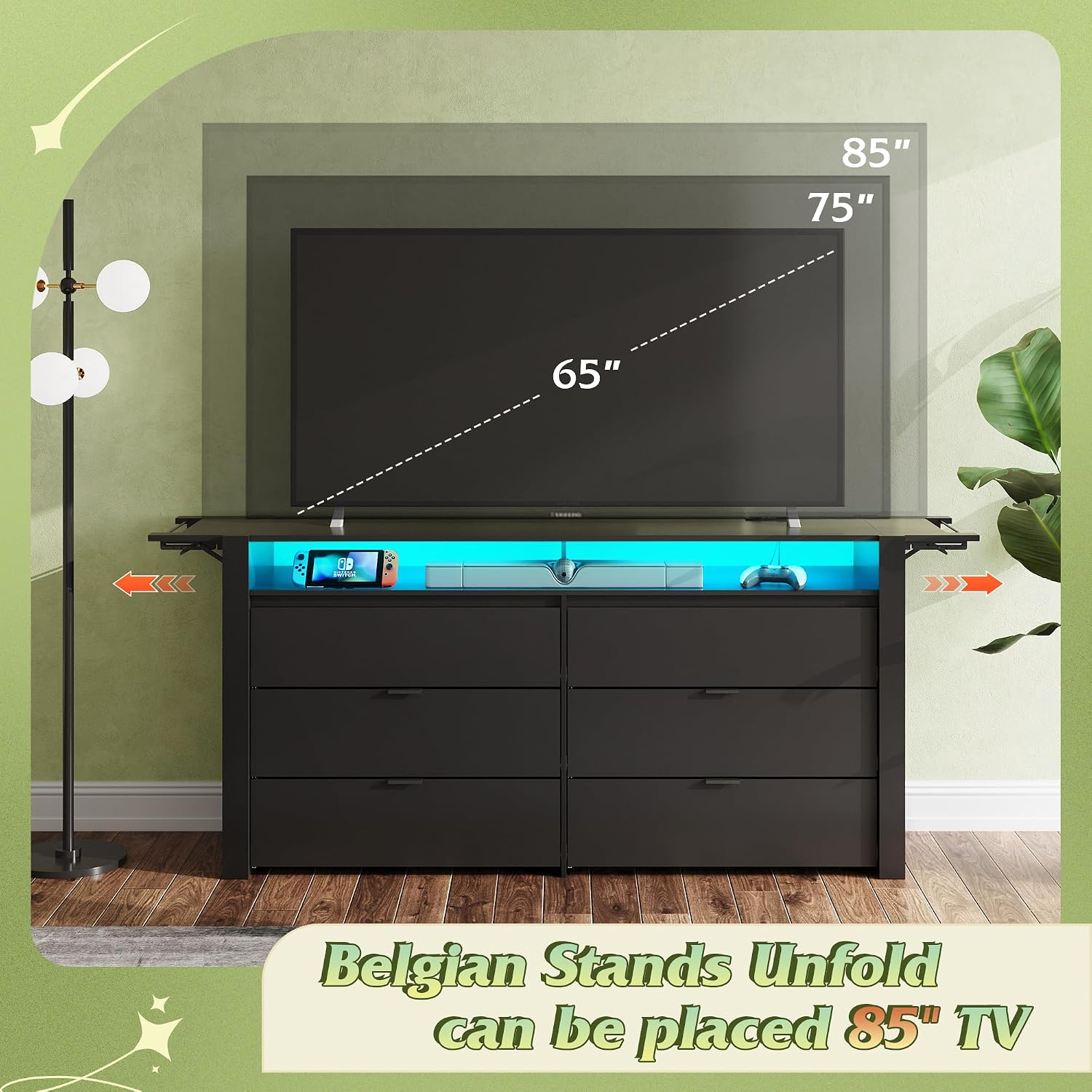 WLIVE 78 Inch LED Dresser for Bedroom, Black Dresser with Charging Station, Large Chest of Drawers Expandable with Flexible Shelves and Hanging Rack, Wood Dressers for Closet, Living Room (85' TV)