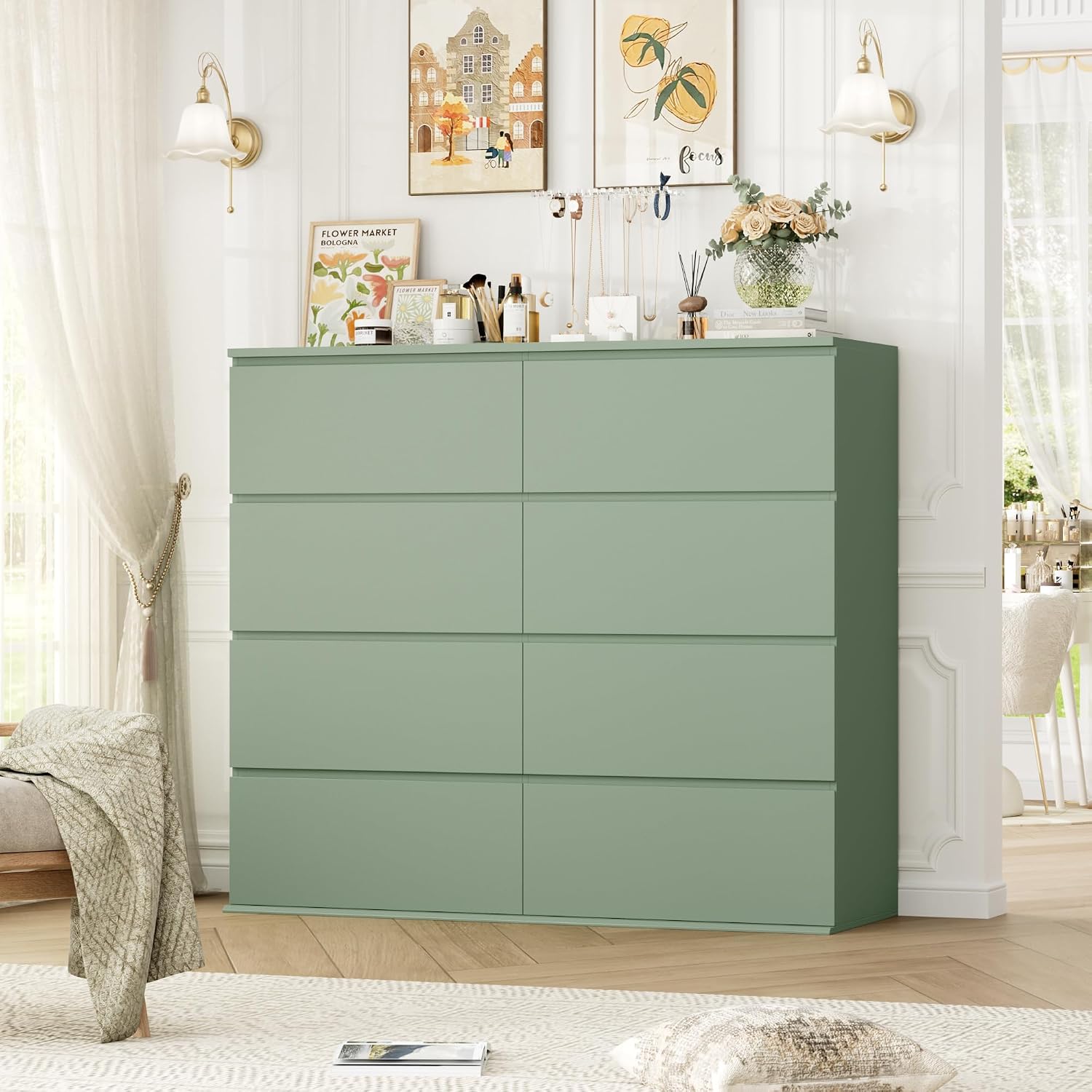 FINETONES Dresser for Bedroom, 8 Drawer Dresser Double Chest of Drawers, Modern Wood Dressers with Deep Drawers for Living Room, Green