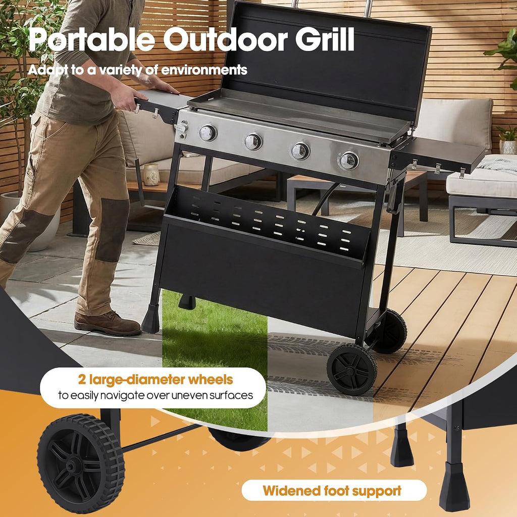 4-Burner Propane Gas Griddle with Removable Stand, 40,000 BTU Flat Top Grill with 455 sq.in Cooking Area, Portable Outdoor BBQ Grill w/Foldable Side Tables, Wheels for Patio, Backyard, Camping
