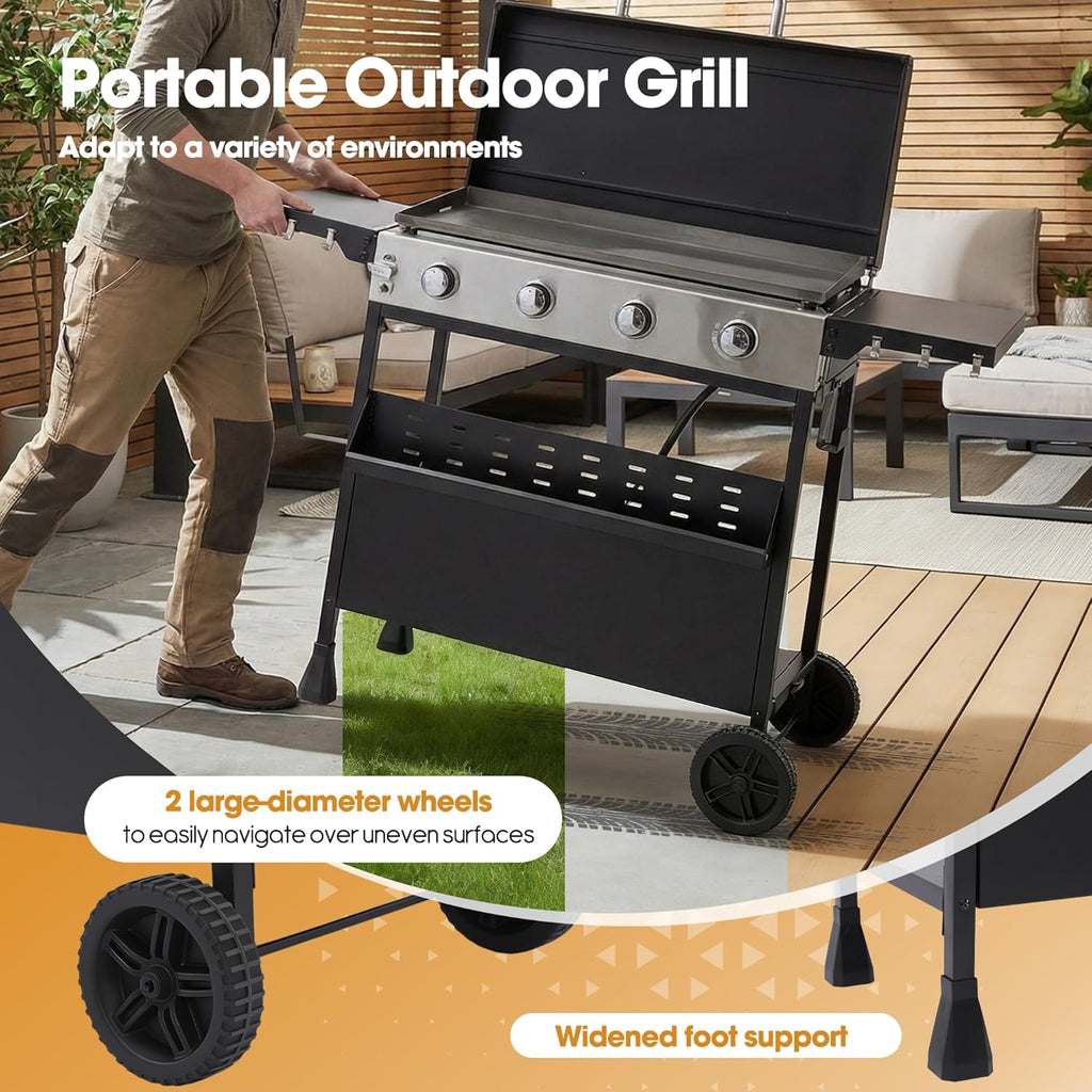 4-Burner Propane Gas Griddle with Removable Cart, 40,000 BTU Output Portable Outdoor BBQ Grill with Wheels, Cast Iron Griddle, Foldable Side Tables and Spice Rack for Backyard, Patio, Camping