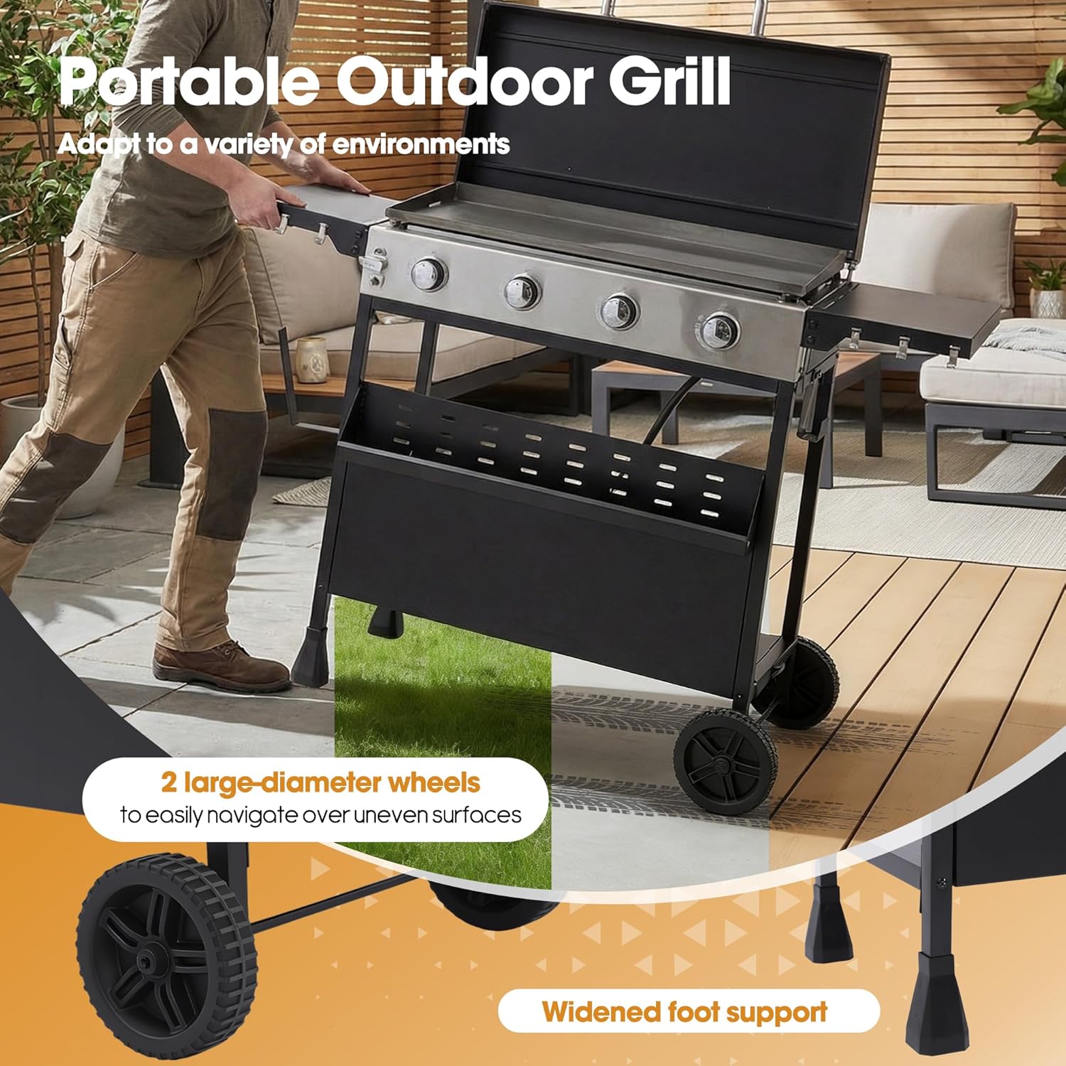 4-Burner Propane Gas Griddle with Removable Cart, 40,000 BTU Output Portable Outdoor BBQ Grill with Wheels, Cast Iron Griddle, Foldable Side Tables and Spice Rack for Backyard, Patio, Camping