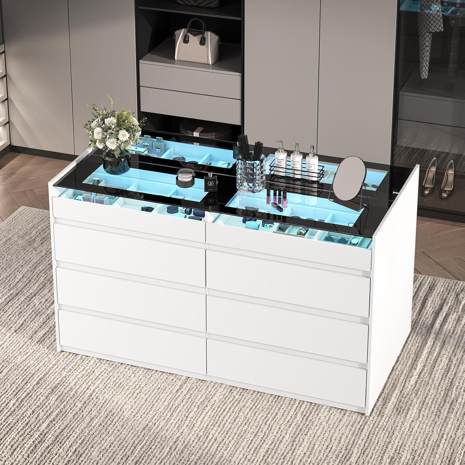 White 8 Drawer Dresser for Bedroom, Modern Chest of Drawers, Jewelry Dresser Display with Glass Top and LED Light, Dressers Organizer for Bedroom, Closet, Living Room