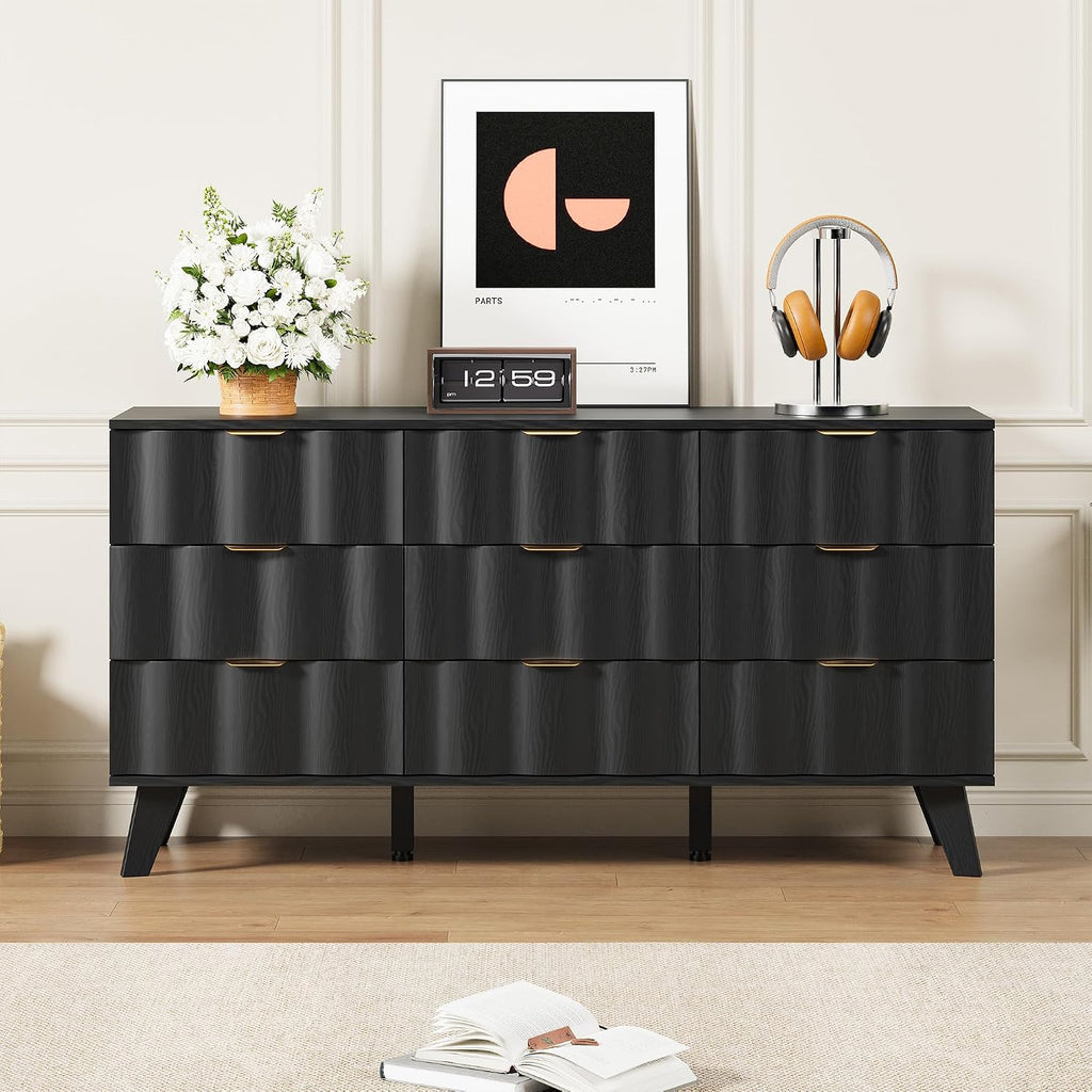 9 Drawer Dresser, Modern Fluted Storage Dresser with Deep Drawers and Metal Handles, Wood Chest of Drawers Storage Organizer for Bedroom, Living Room, Hallway (Black)