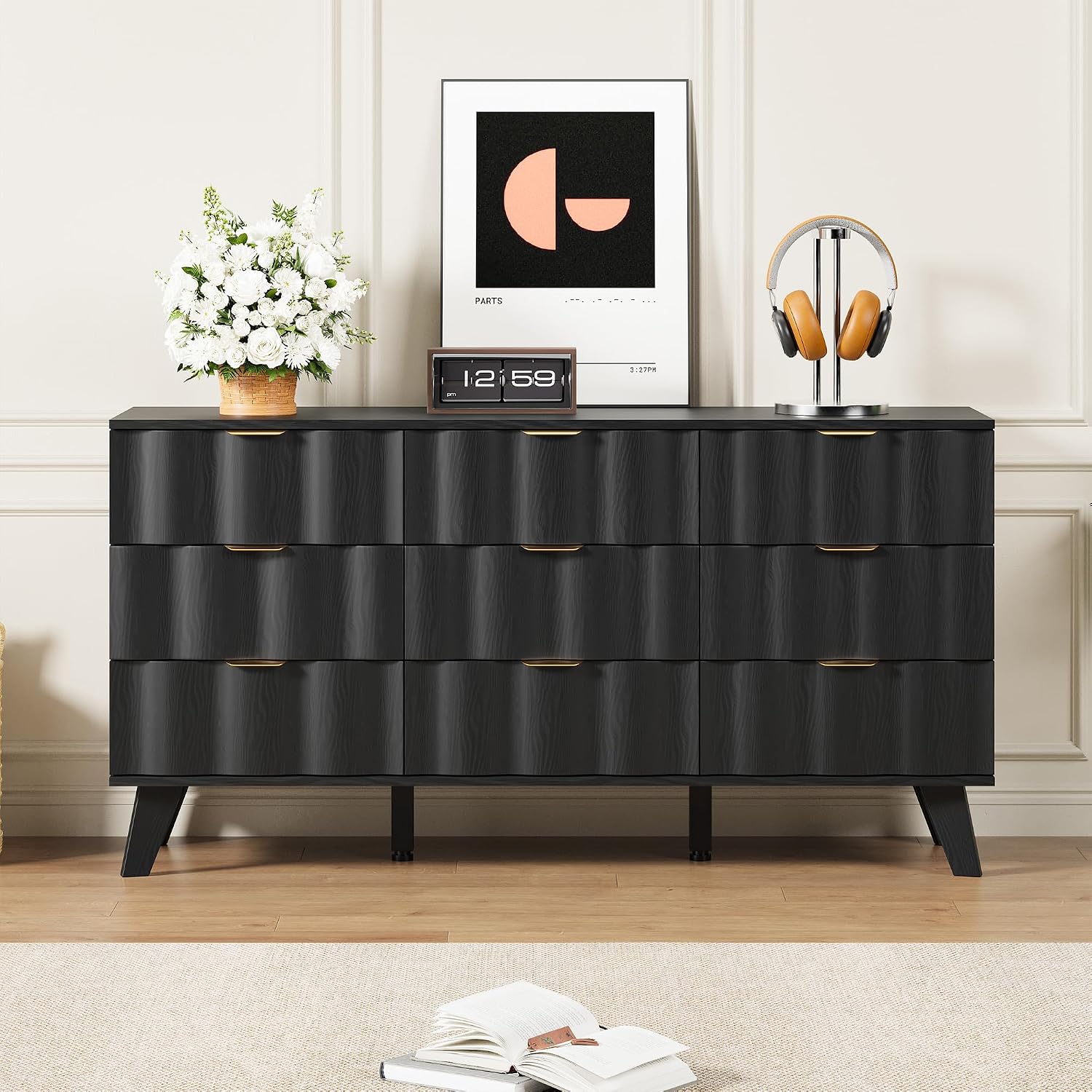 9 Drawer Dresser, Modern Fluted Storage Dresser with Deep Drawers and Metal Handles, Wood Chest of Drawers Storage Organizer for Bedroom, Living Room, Hallway (Black)