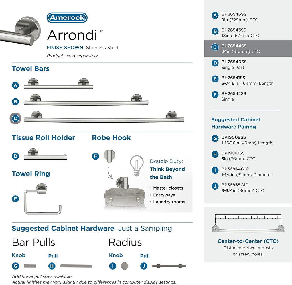 Amerock | Stainless Steel | Arrondi |Towel Bar | 24 inch (610 mm) | 4 Piece | Bathroom Accessories Set
