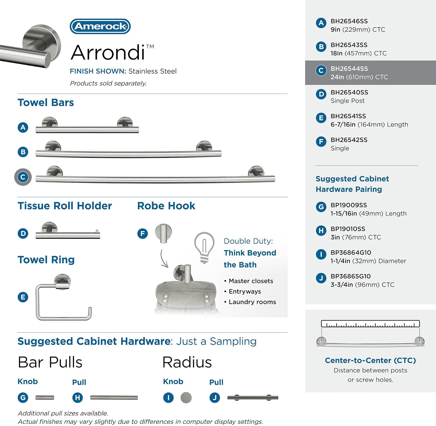 Amerock | Stainless Steel | Arrondi |Towel Bar | 24 inch (610 mm) | 4 Piece | Bathroom Accessories Set