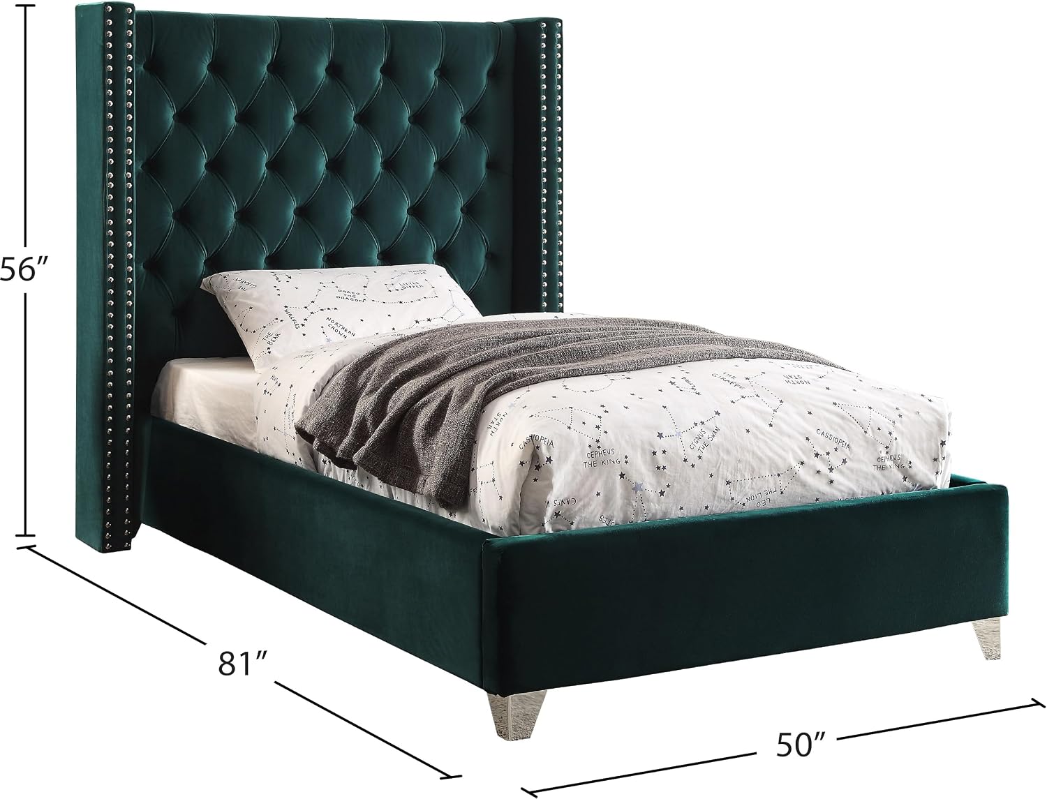 Meridian Furniture Aiden Collection Modern | Contemporary Velvet Upholstered Bed with Deep Button Tufting, Solid Wood Frame, and Custom Chrome Legs, Twin, Green