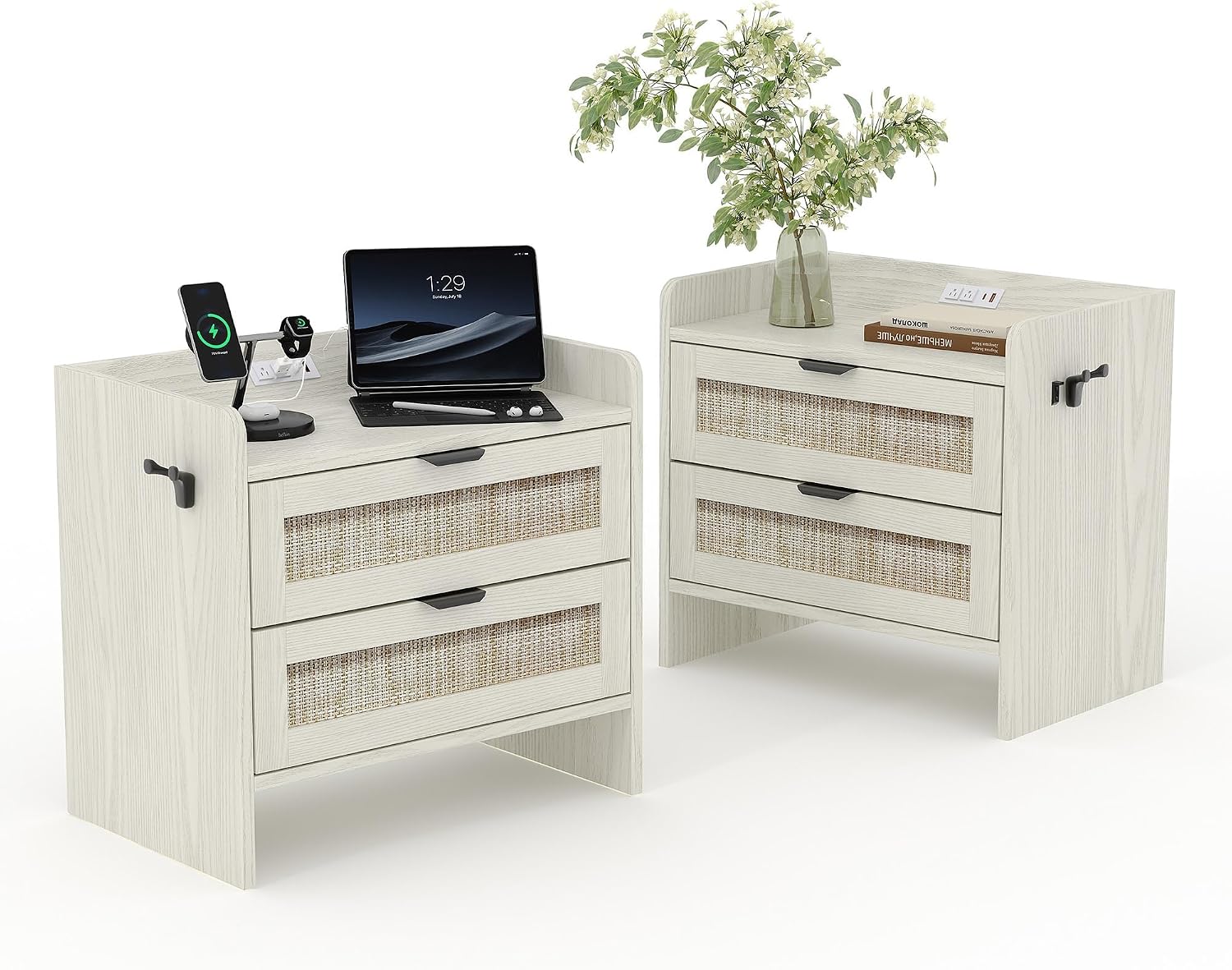 Rattan Nightstand Set of 2, Bedside Table, Modern Night Stand with Type-C Charging Station, 2 Drawer Storage Space, with Hook Included, Suitable for Bedroom, Office as a End Table, Side Tables
