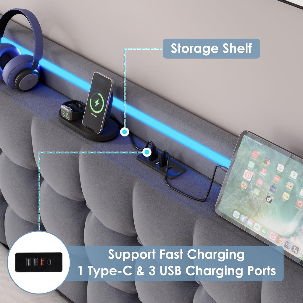 Keyluv Full Car Bed Frame with LED Lights and Charging Station, Upholstered Platform Bed with Button Tufted Headboard and Wheels, No Box Spring Needed, Noise-Free, Easy Assembly, Velvet Grey