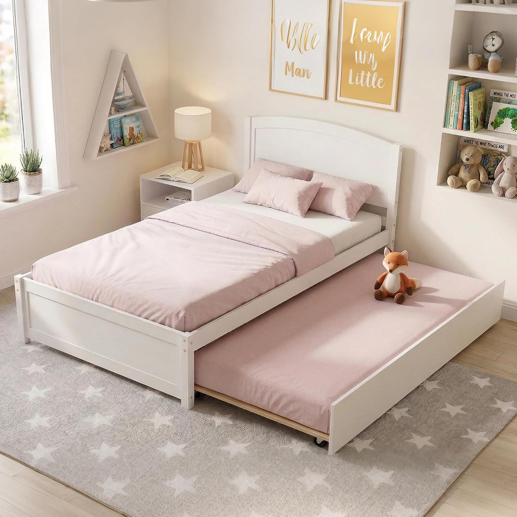 Xilingol Trundle Bed Twin, Solid Wood Bed Frames with Headboard and Wooden Slats Support, Twin Trundle Bed Frame Roll Out, Single Box (No Box Spring Needed), White