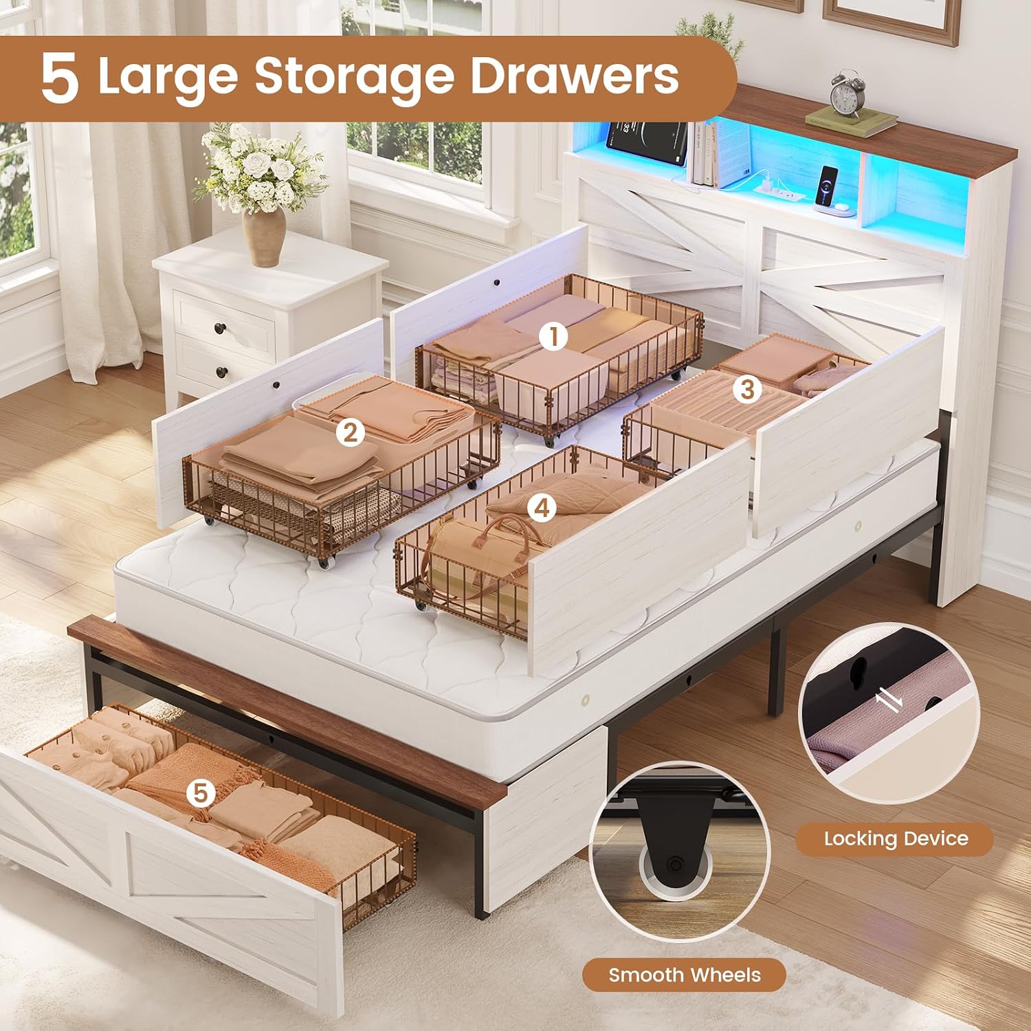 VIAGDO Twin Bed Frames with 5 Drawers, Farmhouse Bed Frame with Barn Door Headboard and Storage, Wood Platform Bed Frame Twin Size with Charging Station and LED Lights, No Box Spring Needed, White