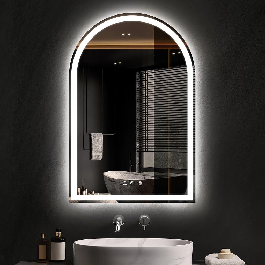 Arched LED Mirror for Bathroom 24'x36'- Frameless Lighted Bathroom Mirror with Lights, Fogless, Dimmable, 3 Color Changing, Shatterproof, Touch Sensor