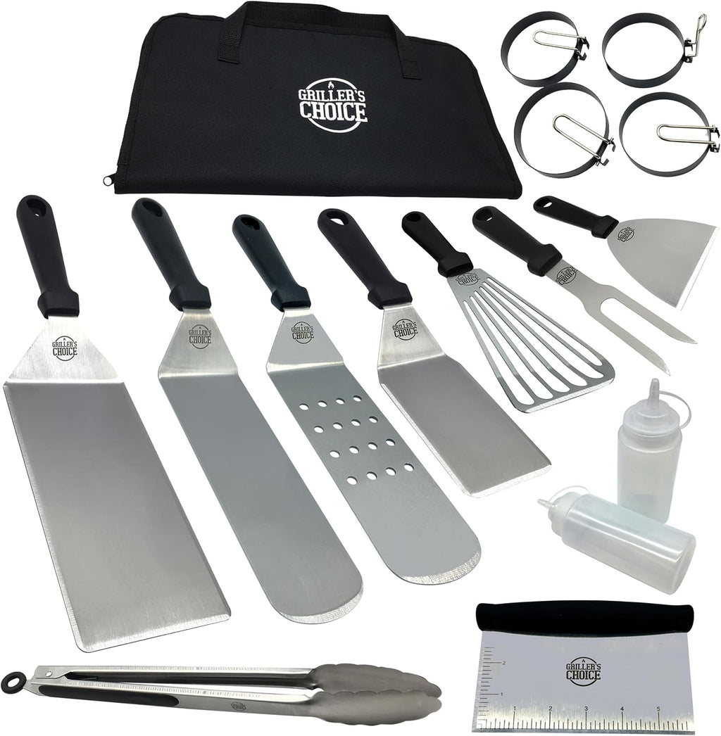Griller's Choice Gas Griddle Bundle - Griddle, 16 pc Spatula Set, Grill Cover - Hinged Hood, Wind Guards, No Mess Disposable Front Grease Cups, 4 Shelves, Propane Flattop Grill