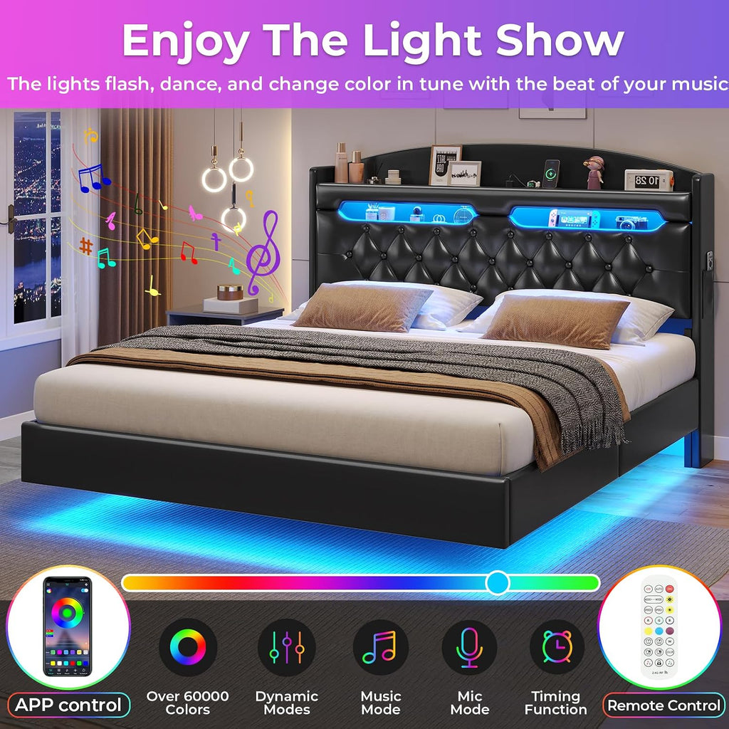BTHFST Floating Bed Frame Full Size with Type-C Charging Station & Storage Headboard, RGB Floating Platform Bed, No Box Spring Needed, Wooden Slats Support, PU Black