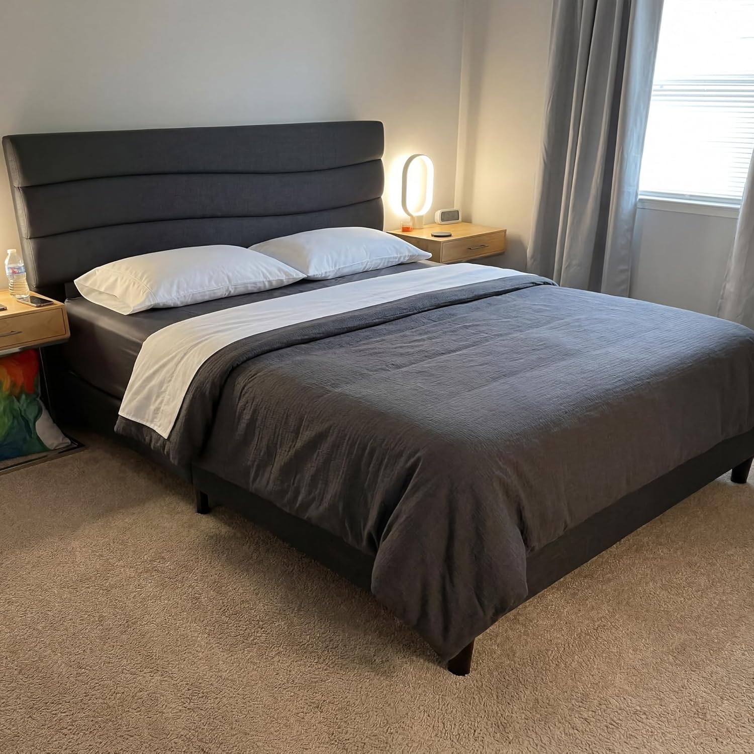 EnHomee King Bed Frame with Adjustable Height Upholstered Headboard, 3 USB Charging Ports, Noise-Free Platform Bed, No Box Spring Needed, Grey