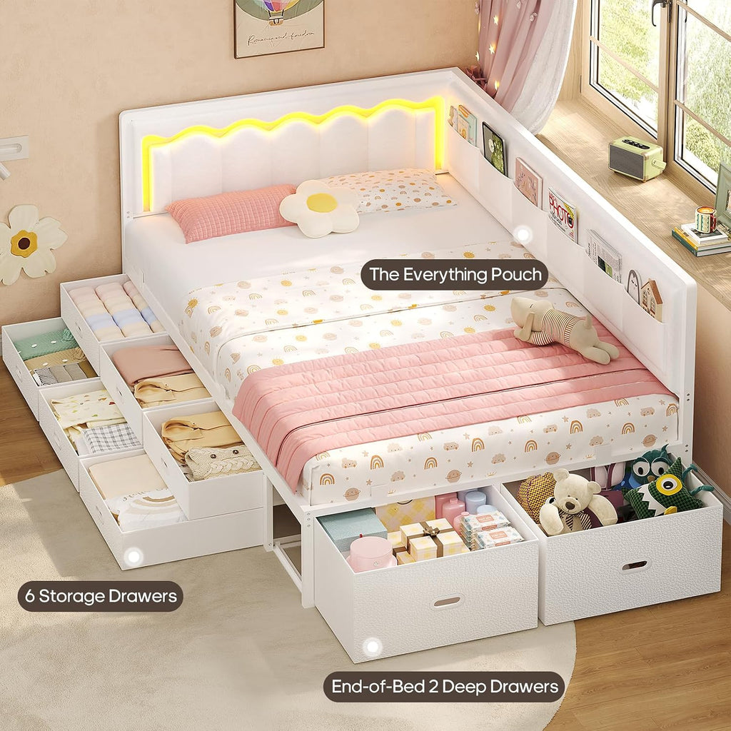 ADORNEVE Twin Corner Bed Frame with 8 Drawers, 6 Storage Pockets, Twin Daybed with Storage and RGB Wave Lights, Twin Size Platform Bed with L-Shaped Upholstered Guardrail for Kids Teen,White