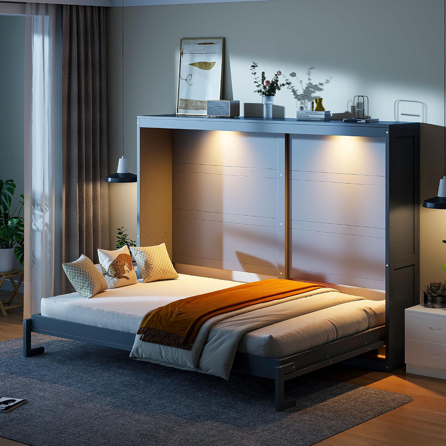 Harper & Bright Designs Queen Size Murphy Bed, Wooden Queen Wall Bed Modern Design with LED Lights, Gray