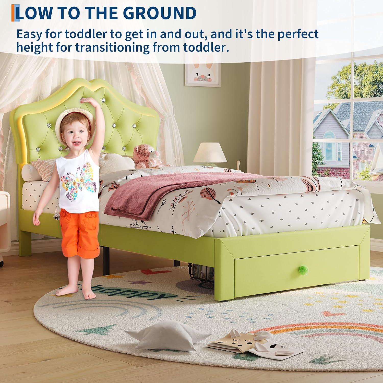 Garvee Twin Size Bed Frame with LED Lights & Velvet Crystal Button Headboard, Upholstered Boy Platform Bed with Storage Drawer, Noise Free, No Box Spring Needed for Kids, Teens, OrangeAvocado Green