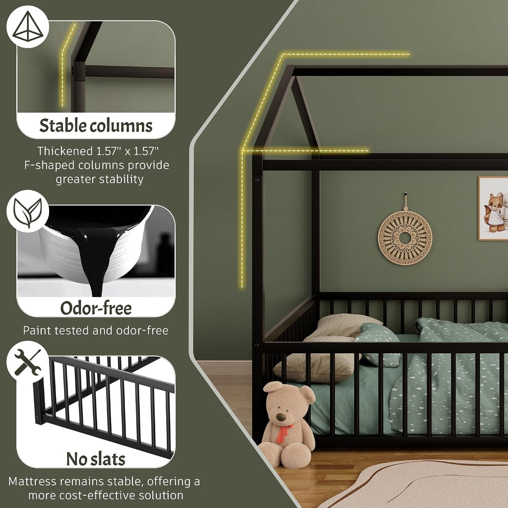 House Shape Twin Size Montessori House Bed Metal Floor Bed Twin Bedframe No Box Spring Needed, Black
