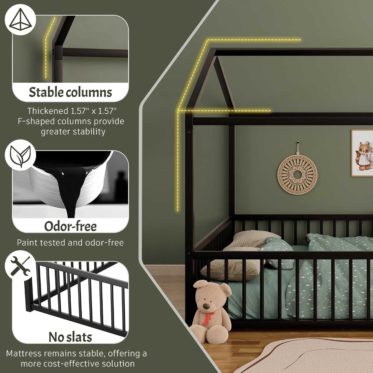 House Shape Twin Size Montessori House Bed Metal Floor Bed Twin Bedframe No Box Spring Needed, Black
