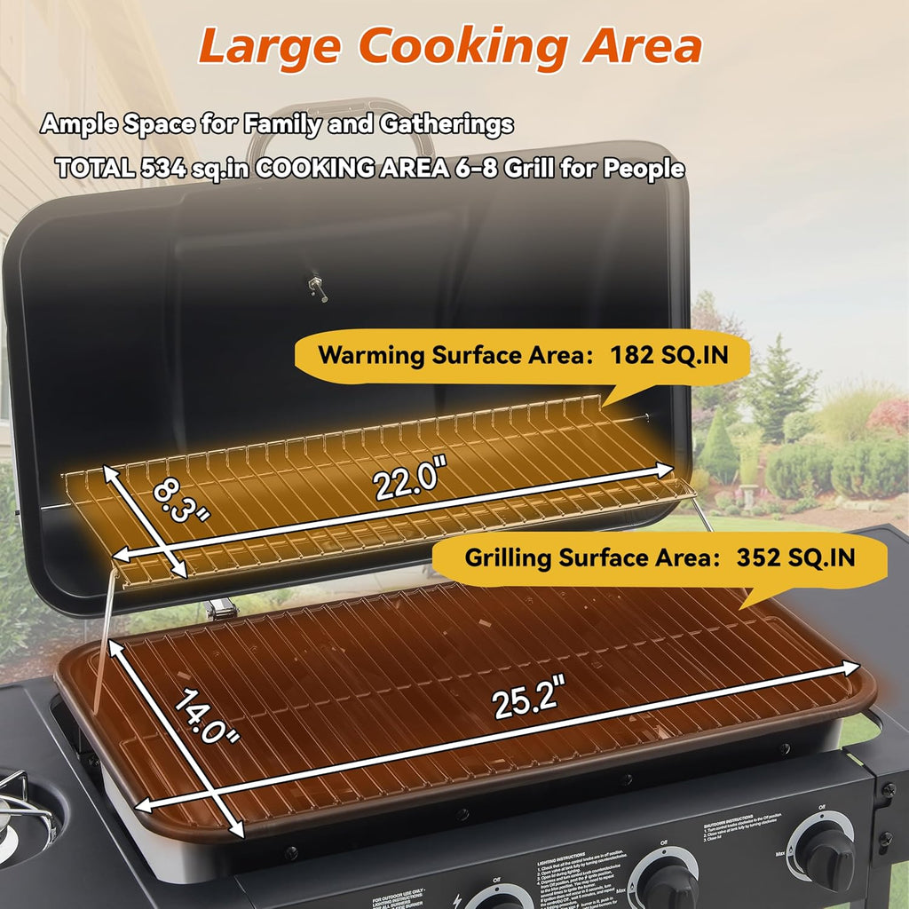 4-Burner Propane Gas Grills for Outdoor Cooking, 42000 BTU BBQ Portable Flat Top Grill Output Stainless Steel Barbecue Grill with Cabinet & Rolling Wheels and Side Tables (4 IN 1)