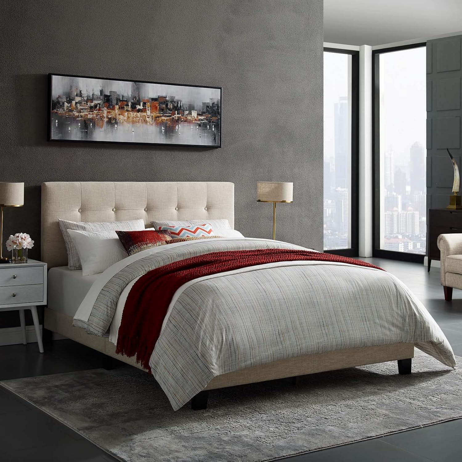 Modway MOD-6000-BEI Amira Tufted Fabric Upholstered Full Bed Frame With Headboard In Beige