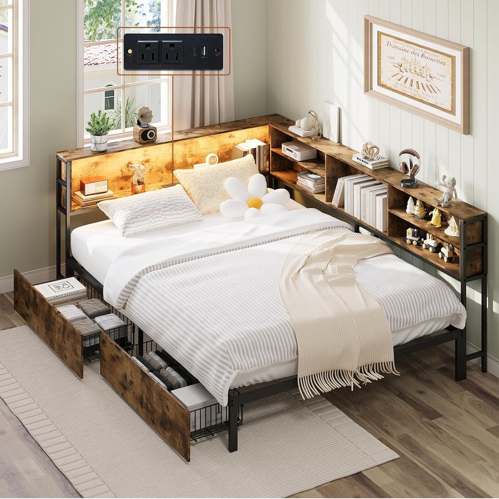 Bellemave Full Corner Bed Frame with Storage, Full Captains Bed with Charging Station, LED Light, Wood Daybeds with L-Shaped Bookcase and 2 Drawers, Brown