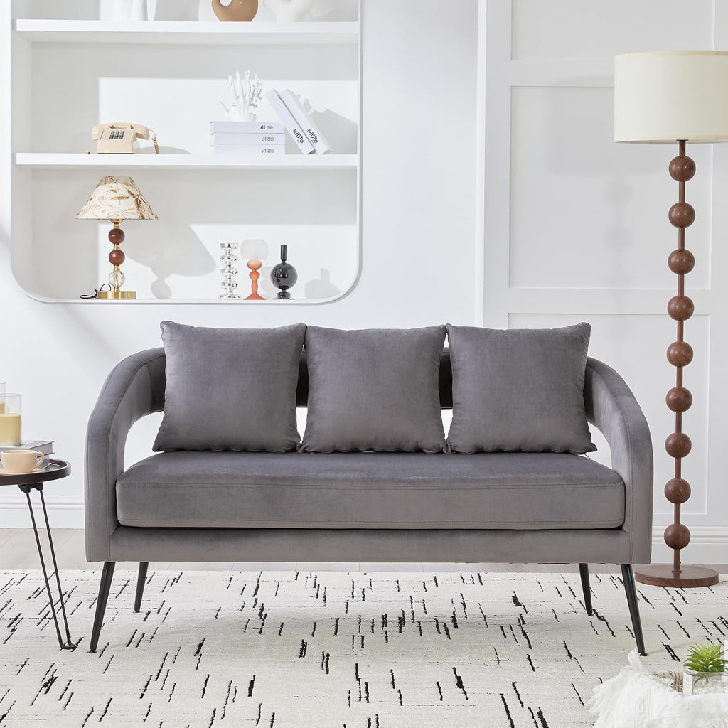 53.7' Modern Velvet Loveseat Sofa with 3 Pillow,Small Comfortable 2 Seat Sofa with Metal Legs, Small Couch for Living Room,Bedroom,Office,Reception,Charcoal