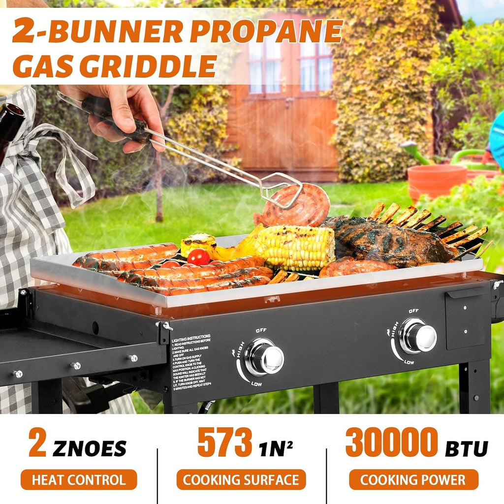 Foldable Flat Top Grill, Portable Outdoor Propane Griddle with 2 Foldable Shelves, 30000/45000/60000 BTU Gas Grill Griddle Cooking Station for BBQ & Outdoor Cooking, Black(2 Burner)