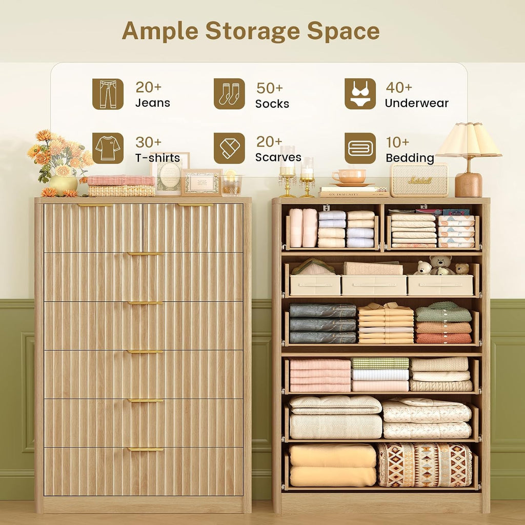 TEENFON 48' Tall Dresser for Bedroom with 7 Drawers, Dressers & Chests of Drawers with Metal Handle, Fluted Dresser, Wood Closet Clothes Storage Organizer for Bedroom, Hallway, Natural