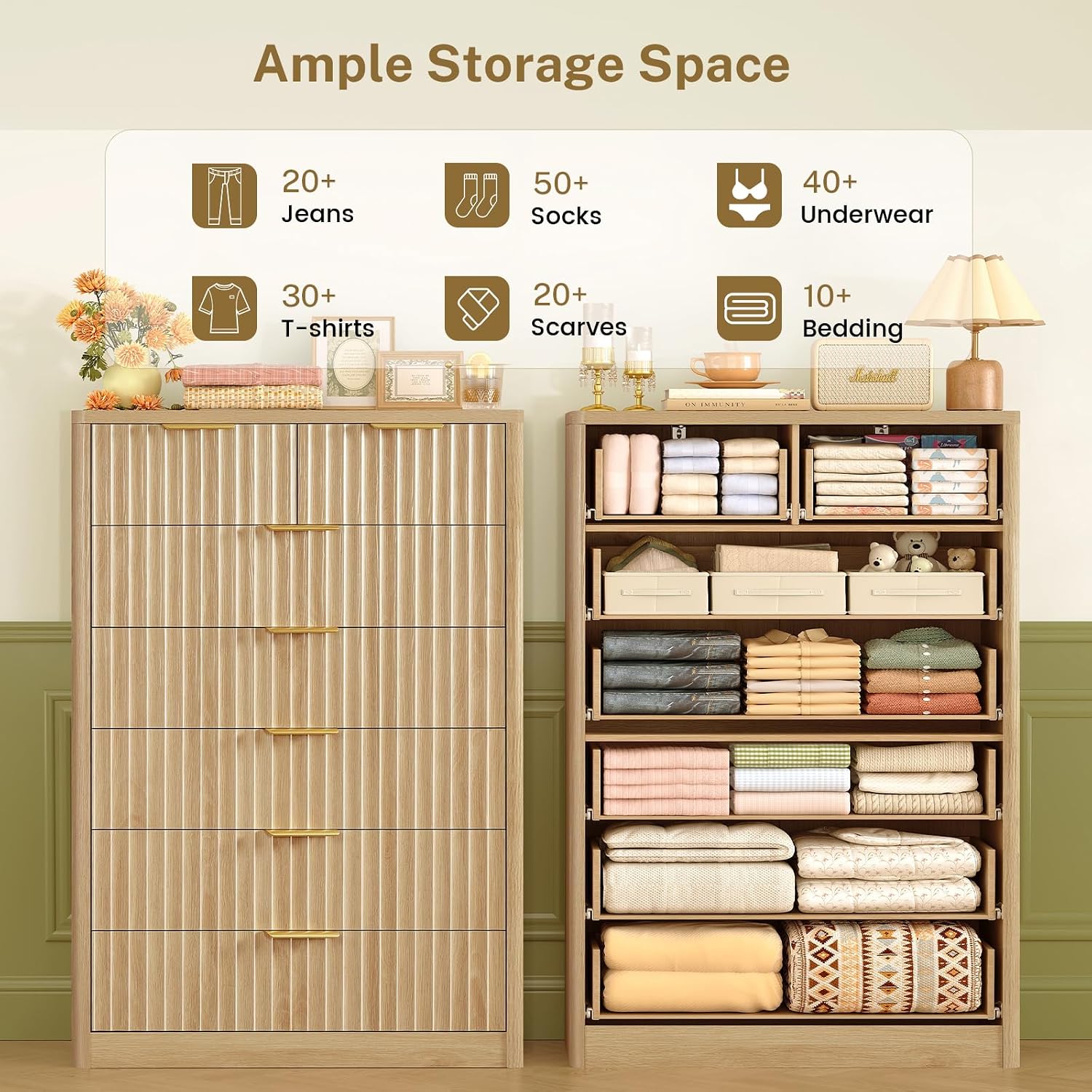 TEENFON 48' Tall Dresser for Bedroom with 7 Drawers, Dressers & Chests of Drawers with Metal Handle, Fluted Dresser, Wood Closet Clothes Storage Organizer for Bedroom, Hallway, Natural