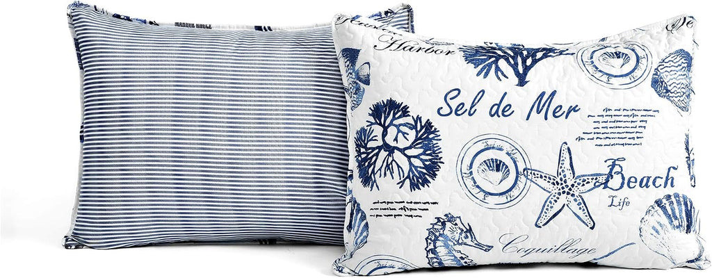 Lush Decor Harbor Life Reversible Quilt Set, 7 Piece Set, Full/ Queen, Indigo - Blue Quilt Queen Bedding Set - Coastal Decor - Nautical Bedding - Beach House