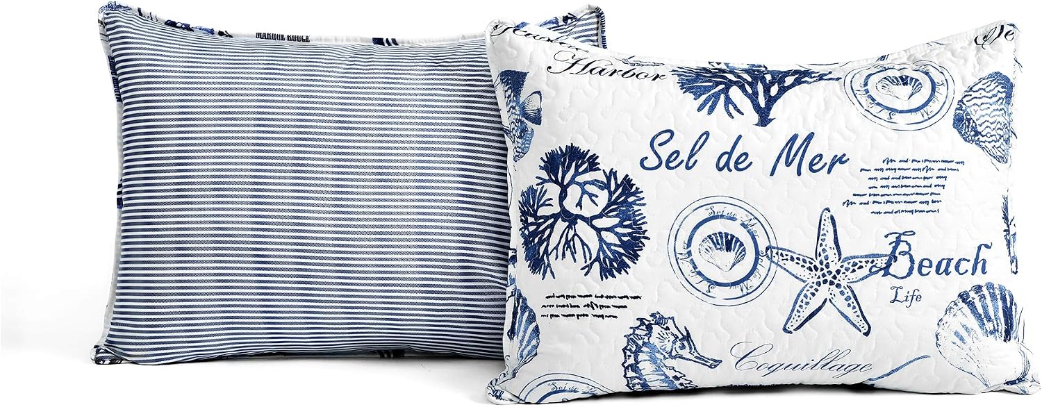 Lush Decor Harbor Life Reversible Quilt Set, 7 Piece Set, Full/ Queen, Indigo - Blue Quilt Queen Bedding Set - Coastal Decor - Nautical Bedding - Beach House