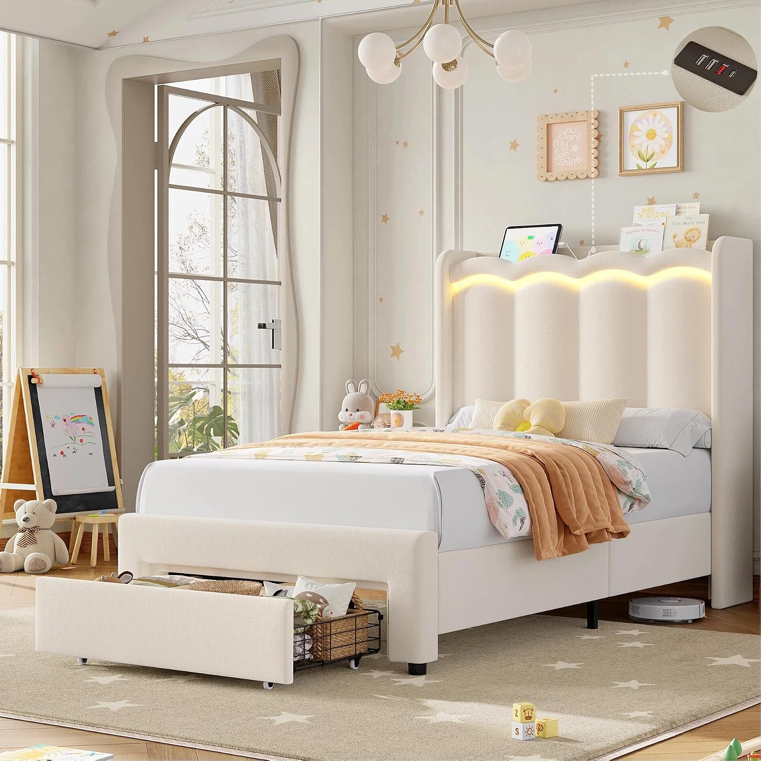 HIFIT 2 Set Upholstered Twin Size LED Bed Frame with Storage Drawer and Charging Station, Velvet Princess Twin Bed for Kids, Girls Bed with Double Wavy Wingback Headboard and Solid Frame, Beige