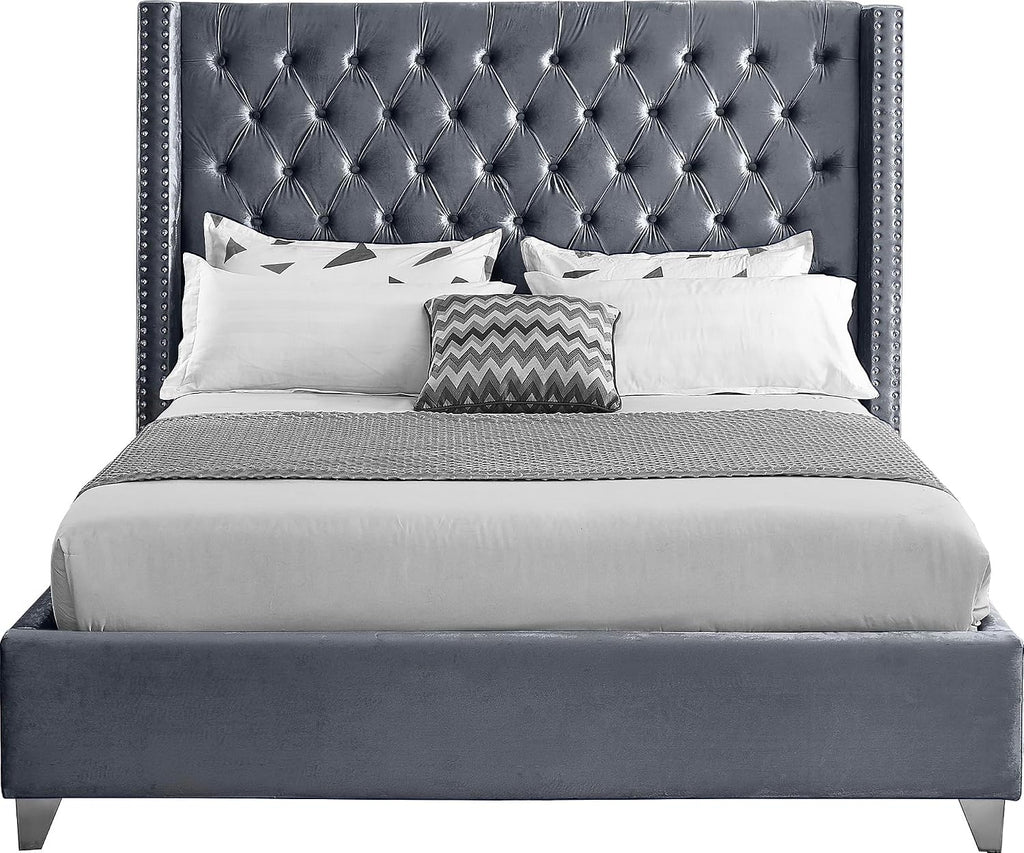 Meridian Furniture Aiden Collection Modern | Contemporary Velvet Upholstered Bed with Deep Button Tufting, Solid Wood Frame, and Custom Chrome Legs, Full, Grey