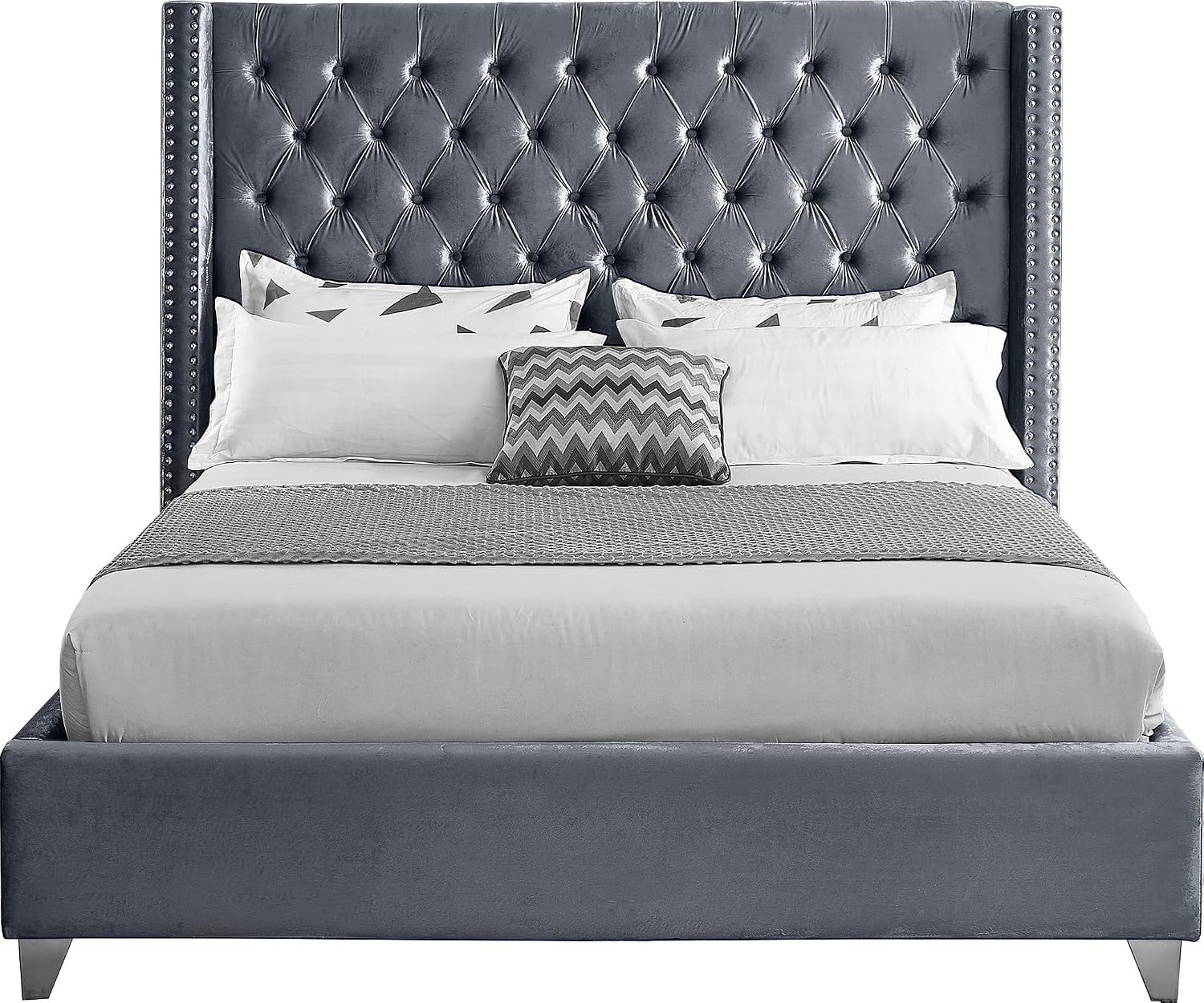 Meridian Furniture Aiden Collection Modern | Contemporary Velvet Upholstered Bed with Deep Button Tufting, Solid Wood Frame, and Custom Chrome Legs, Full, Grey