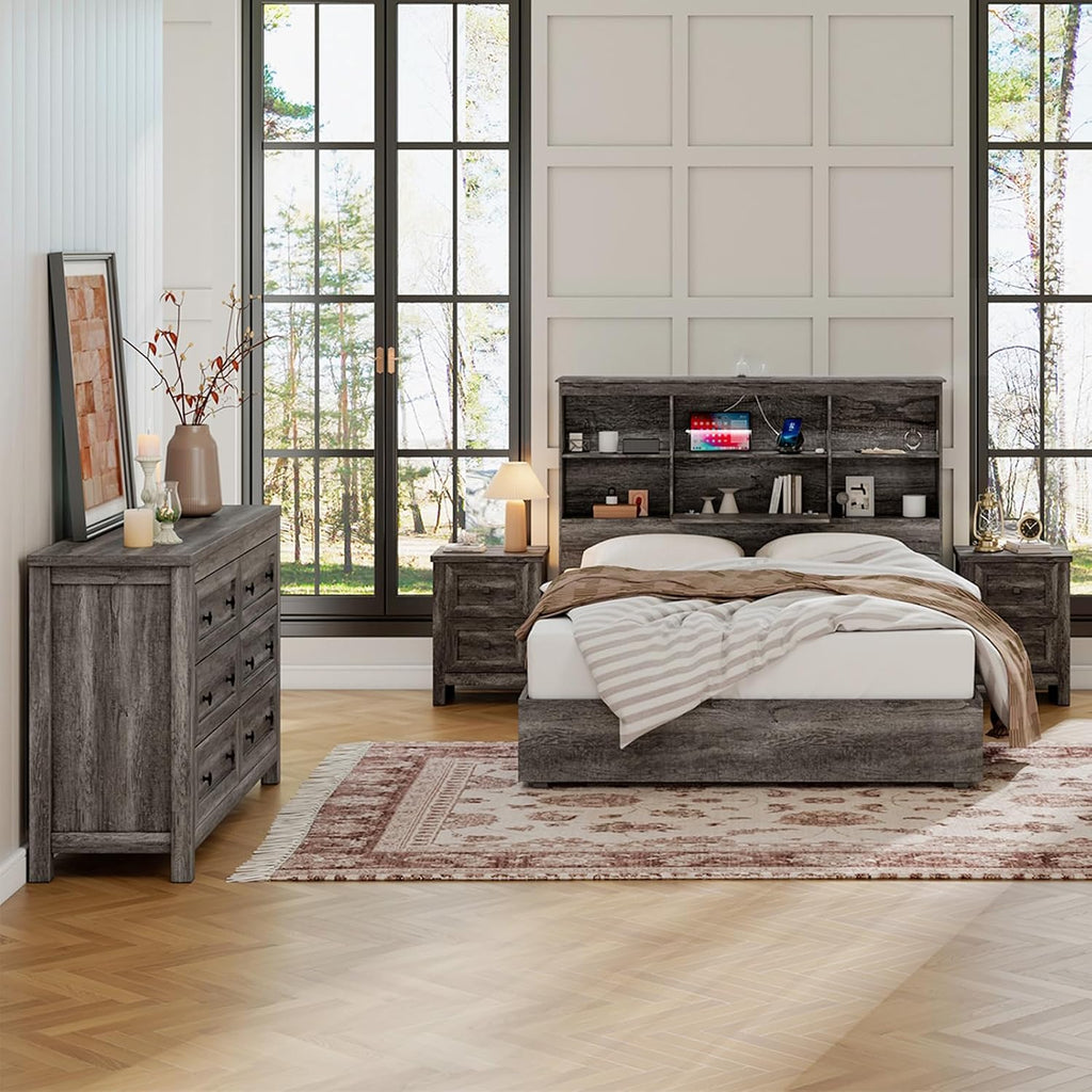 LUXOAK Bedroom Dresser and Nightstand 3 Piece Set, 1 X Wood Rustic 6 Drawer Storage Dresser, Nightstand Set of 2 with Charging Station, Farmhouse Bedroom Furniture Set, Rustic Grey
