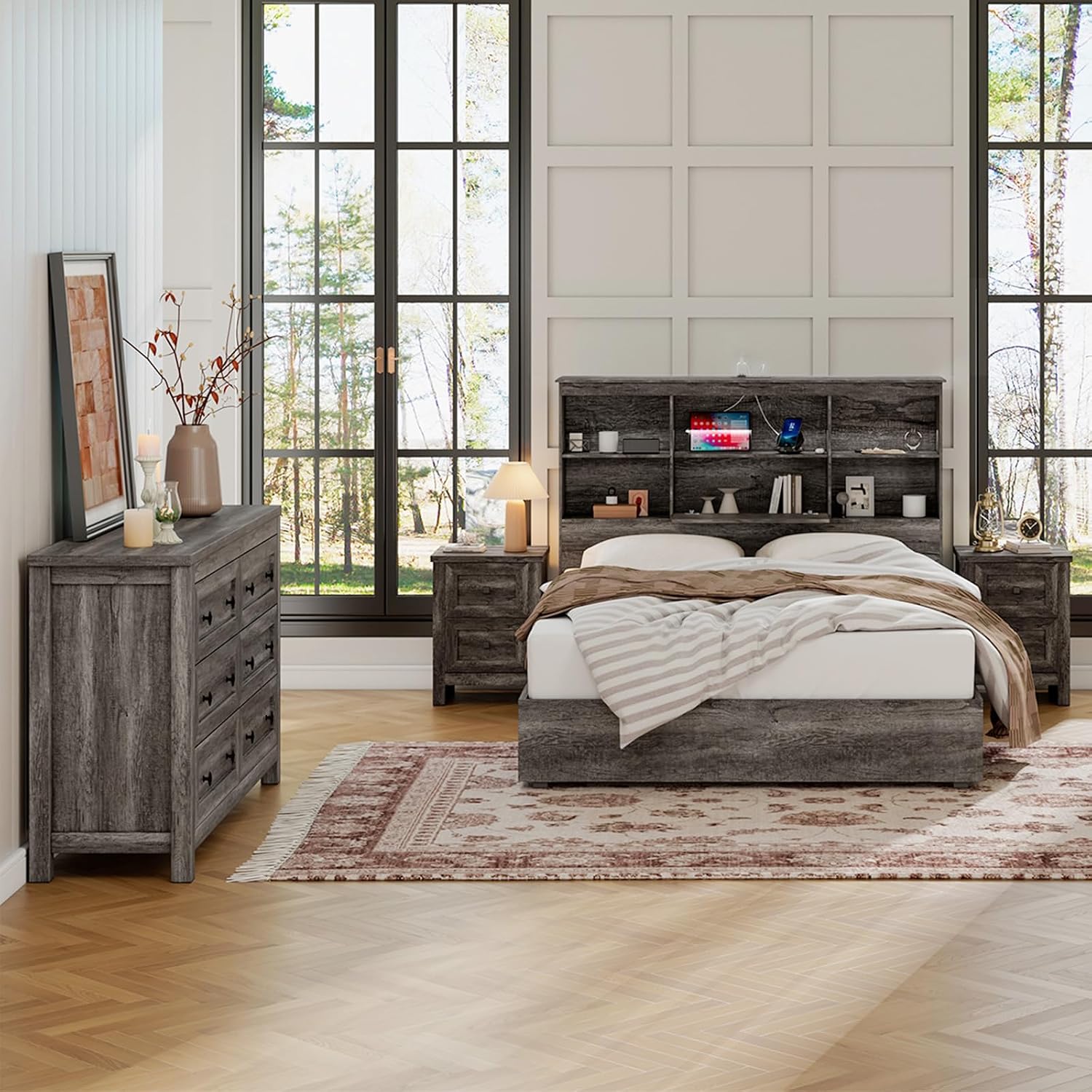 LUXOAK Bedroom Dresser and Nightstand 3 Piece Set, 1 X Wood Rustic 6 Drawer Storage Dresser, Nightstand Set of 2 with Charging Station, Farmhouse Bedroom Furniture Set, Rustic Grey