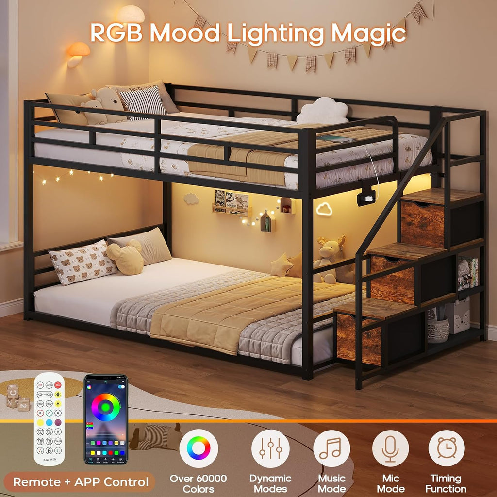 ADORNEVE Low Bunk Bed Twin Over Twin with Storage Staircase, Drawers & Shelves, RGB LED Lights Metal Floor Bunk with Power Outlet, Full-Length Guardrail & Metal Slats, for Small Space, Kids, Black