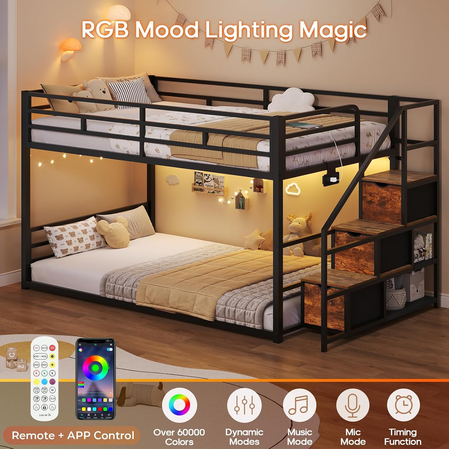 ADORNEVE Low Bunk Bed Twin Over Twin with Storage Staircase, Drawers & Shelves, RGB LED Lights Metal Floor Bunk with Power Outlet, Full-Length Guardrail & Metal Slats, for Small Space, Kids, Black