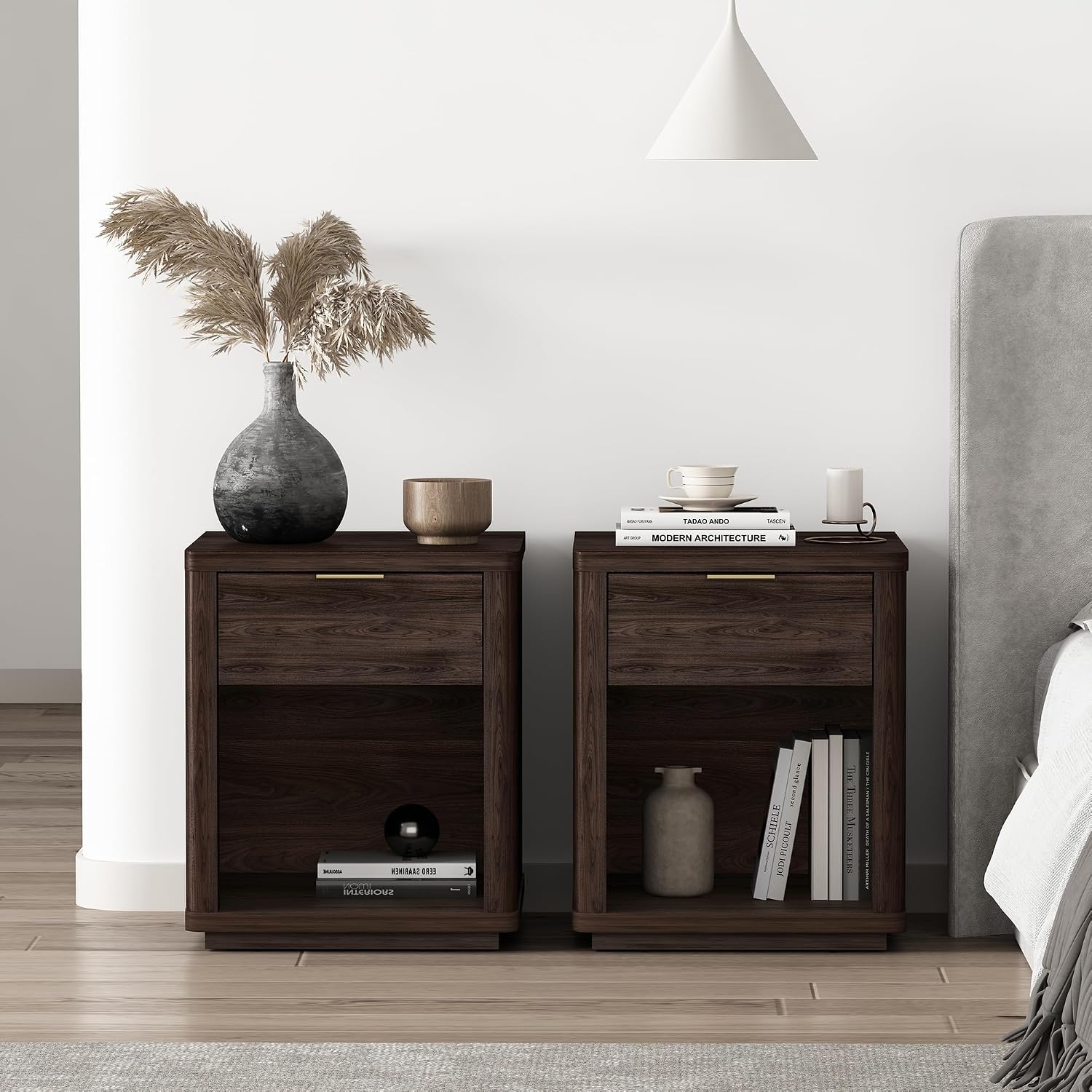Manhattan Comfort Evelyn Nightstands Set of 2 with Full Extension Drawer and Open Shelf – Modern Bedroom Night Stand or Living Room Side Tables with Storage – Easy Assembly, Brown