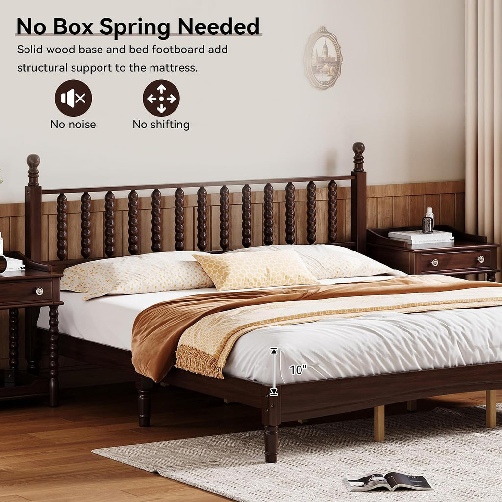Walnut Wood Bed Frame Full Size with Spindle Headboard, Full Platform Bed with Wooden Slat Support, Retro Style Spindle Beds for Boys Girls Kids Adults Toddler, Easy Assembly