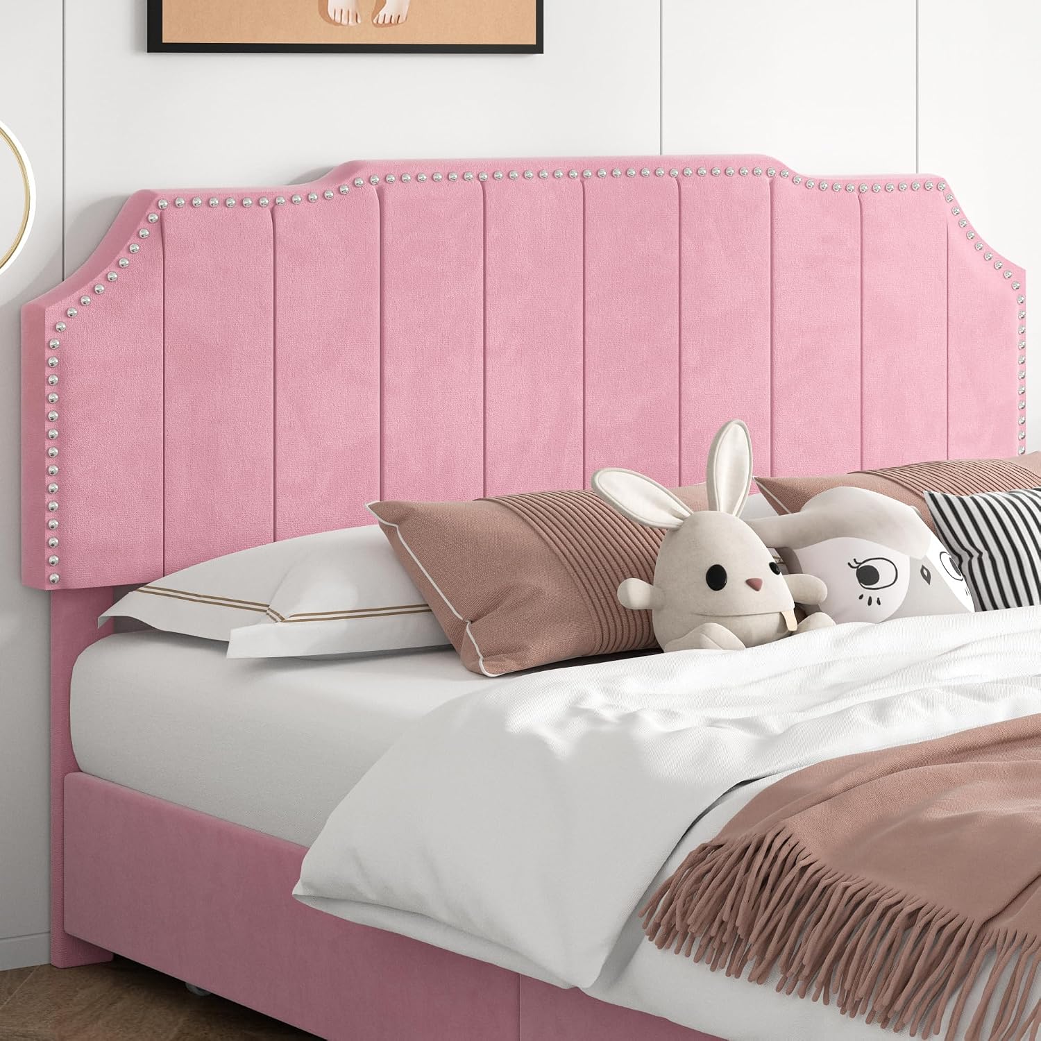 VECELO Queen Bed Frame with 4 Storage Drawers & Upholstered Platform &Tufted Adjustable Headboard/Mattress Foundation/Wood Slat Support,Easy Assembly,Pink