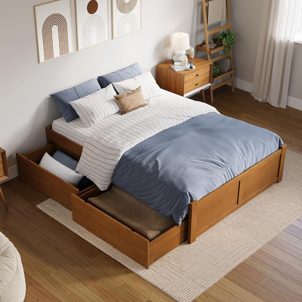AFI Concord Full Solid Wood Platform Bed with Footboard & Storage Drawers in Light Toffee