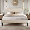 VECELO Queen Size Platform Bed Frame with Fabric Upholstered Headboard and Wooden Slats Support, No Box Spring Needed/Easy Assembly,Beige