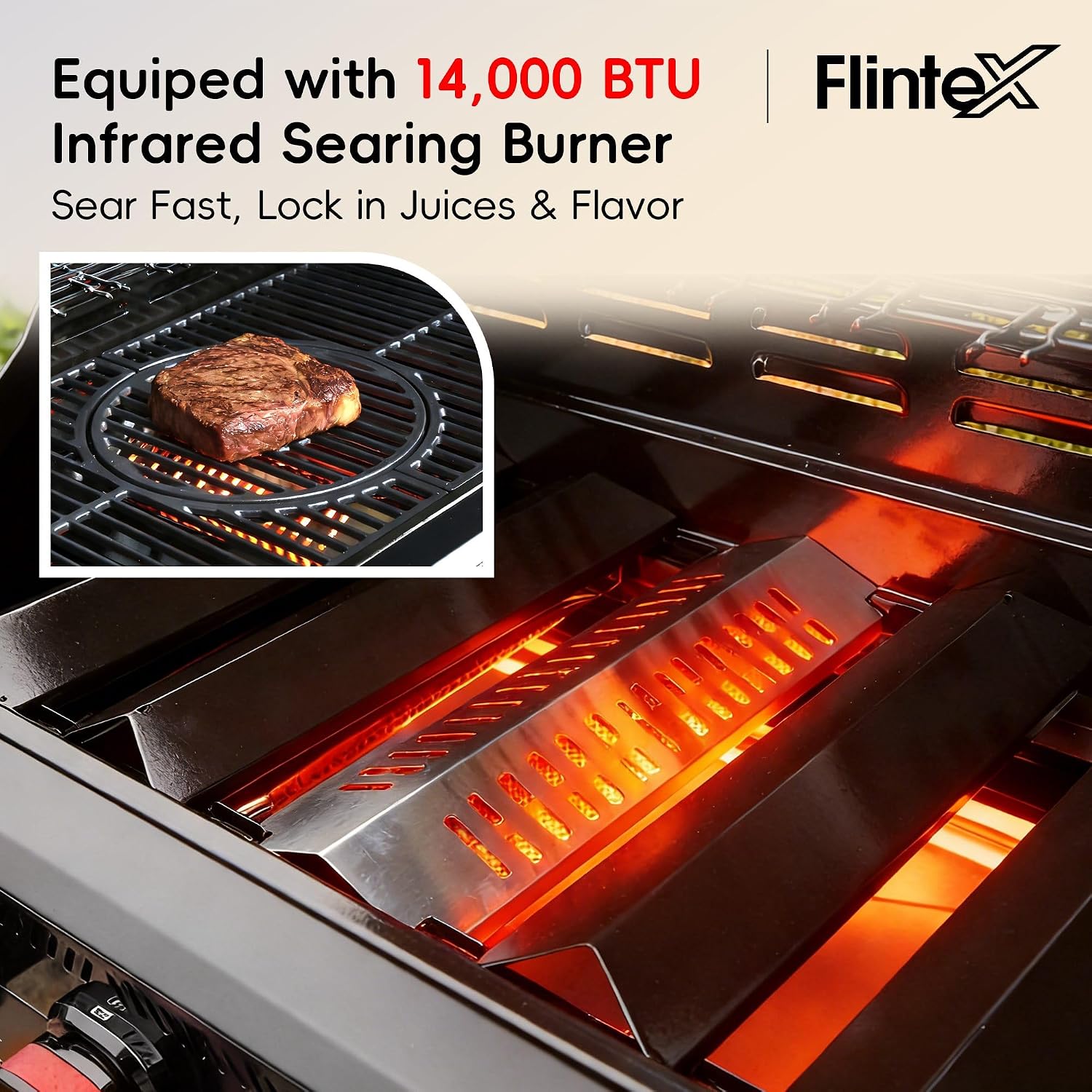 Flintex 5-Burner Propane/Natural Convertible Gas Grill with Infrared Searing Side Burner, Outdoor BBQ Grill with 60000 BTU Output,Enameled Cast Iron Grates & Griddle for Barbecue
