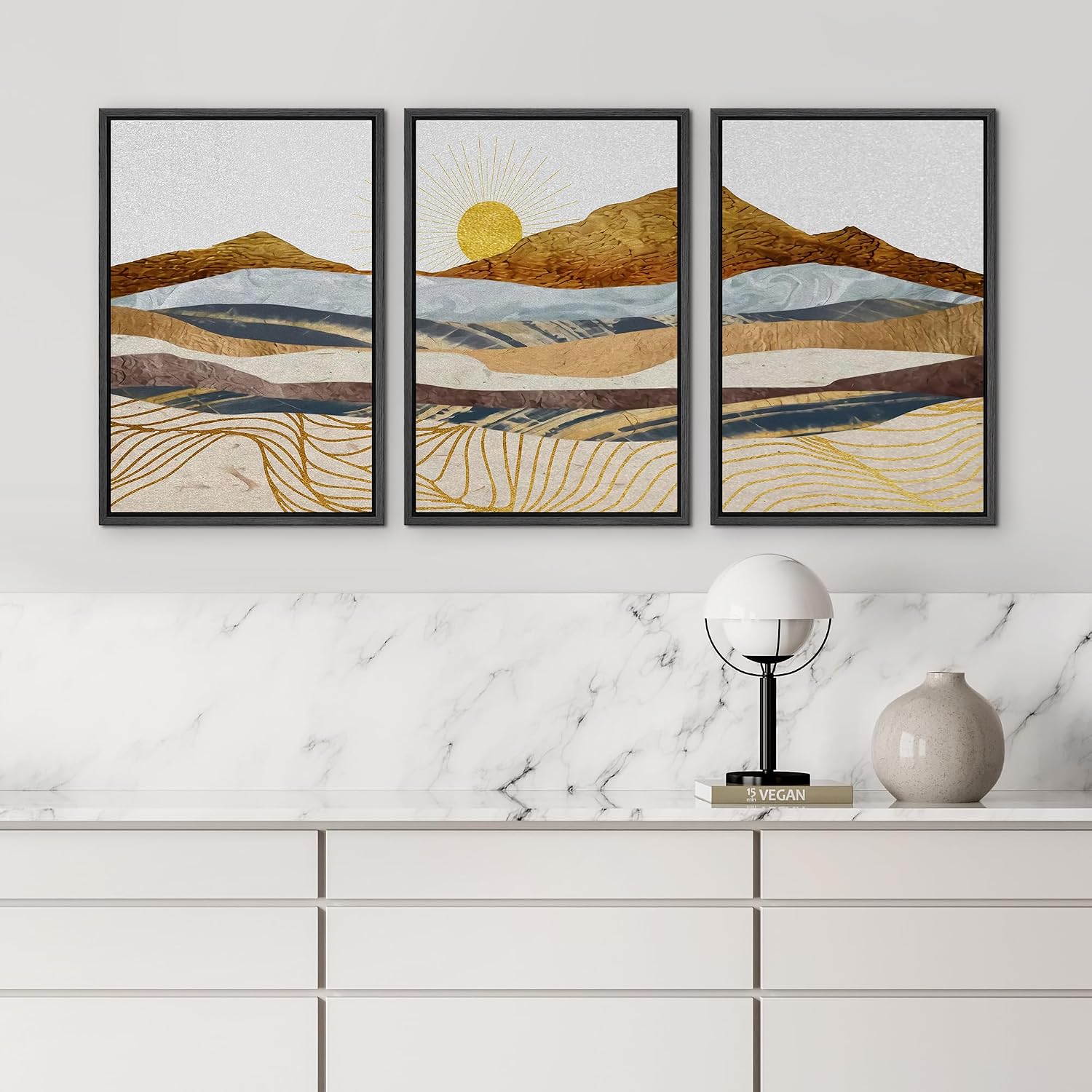 wall26 Framed Canvas Print Wall Art Set Gold Wave Geometric Mountain Range Nature Wilderness Illustrations Modern Art Decorative Landscape Zen for Living Room, Bedroom, Office - 24'x36'x3 Black