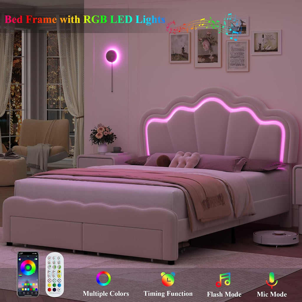 HOSTACK Full Upholstered LED Bed Frame with Storage Drawers, Cute Girls Bed with Adjustable Lotus Headboard, Velvet Princess Platform Bed Frame, Wooden Slats Support, No Box Spring Needed, Cream