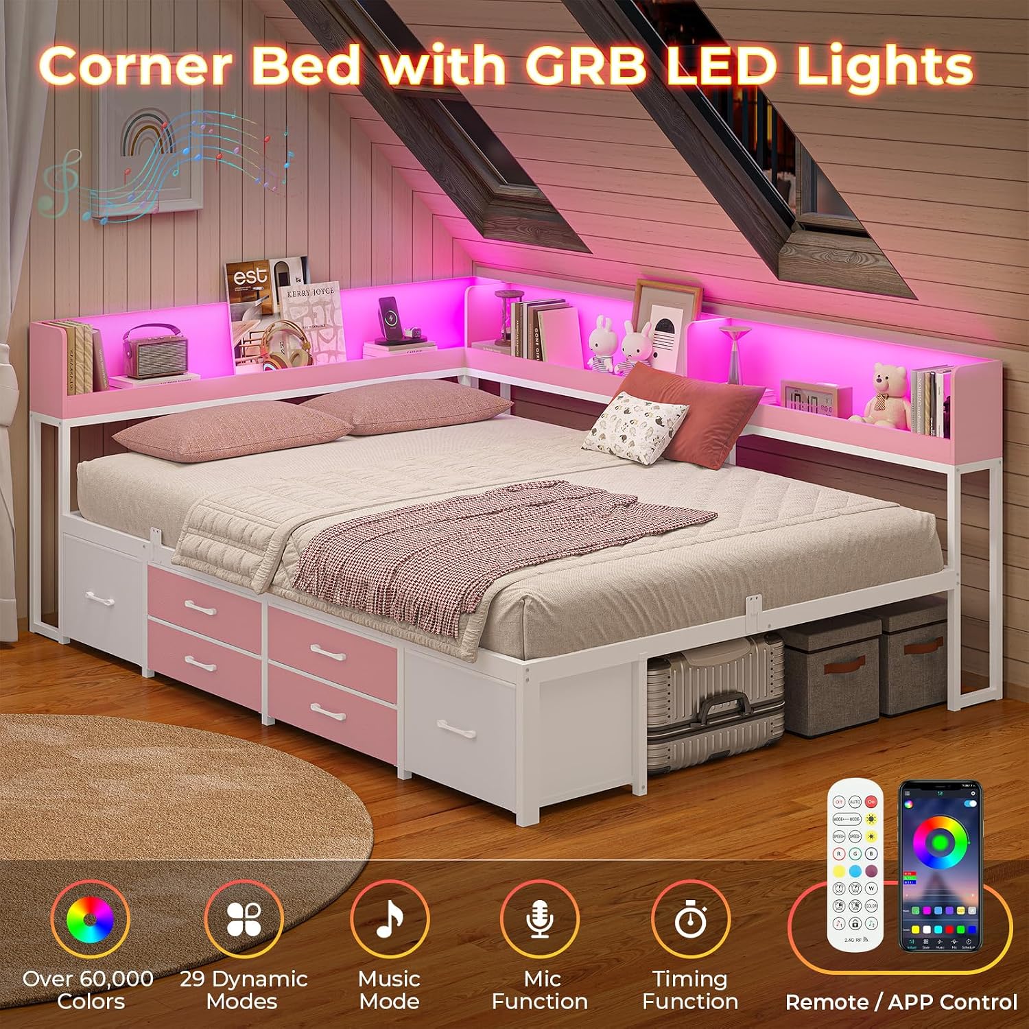 MSmask 14 Inch Corner Bed Frame with Bookcase Storage, Full Daybed with 6 Drawers, Charging Station and LED Light, Full Size Metal Platform Bed Frame for Kids Teenagers, Pink