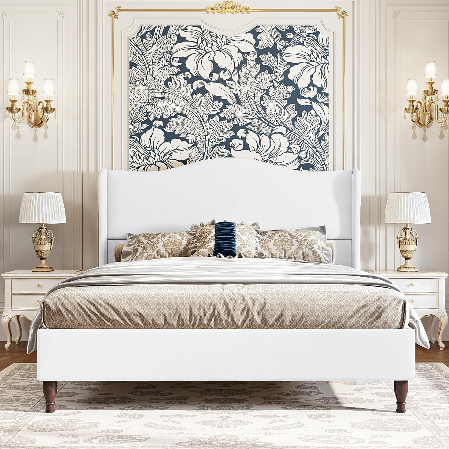 koorlian Full Size Bed Frame with 51' Tall Headboard, Fully Upholstered Platform Bed Frame with with Soft Fabric, Sleigh Wingback, Solid Wood Retro Legs, Modern Minimalist Style, Easy Assembly, White